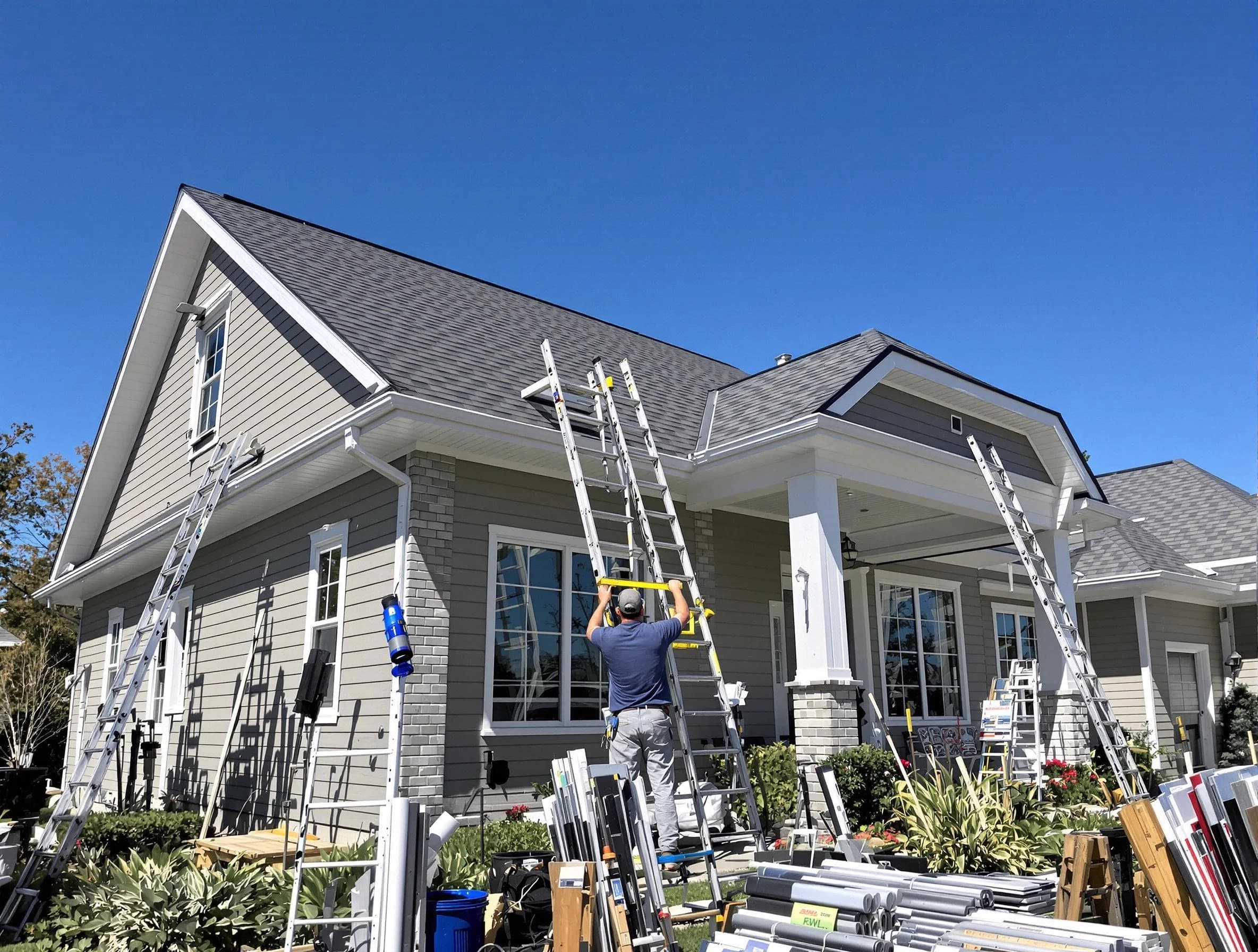 University Heights Roofing Company fitting rain gutters at a home in University Heights, OH