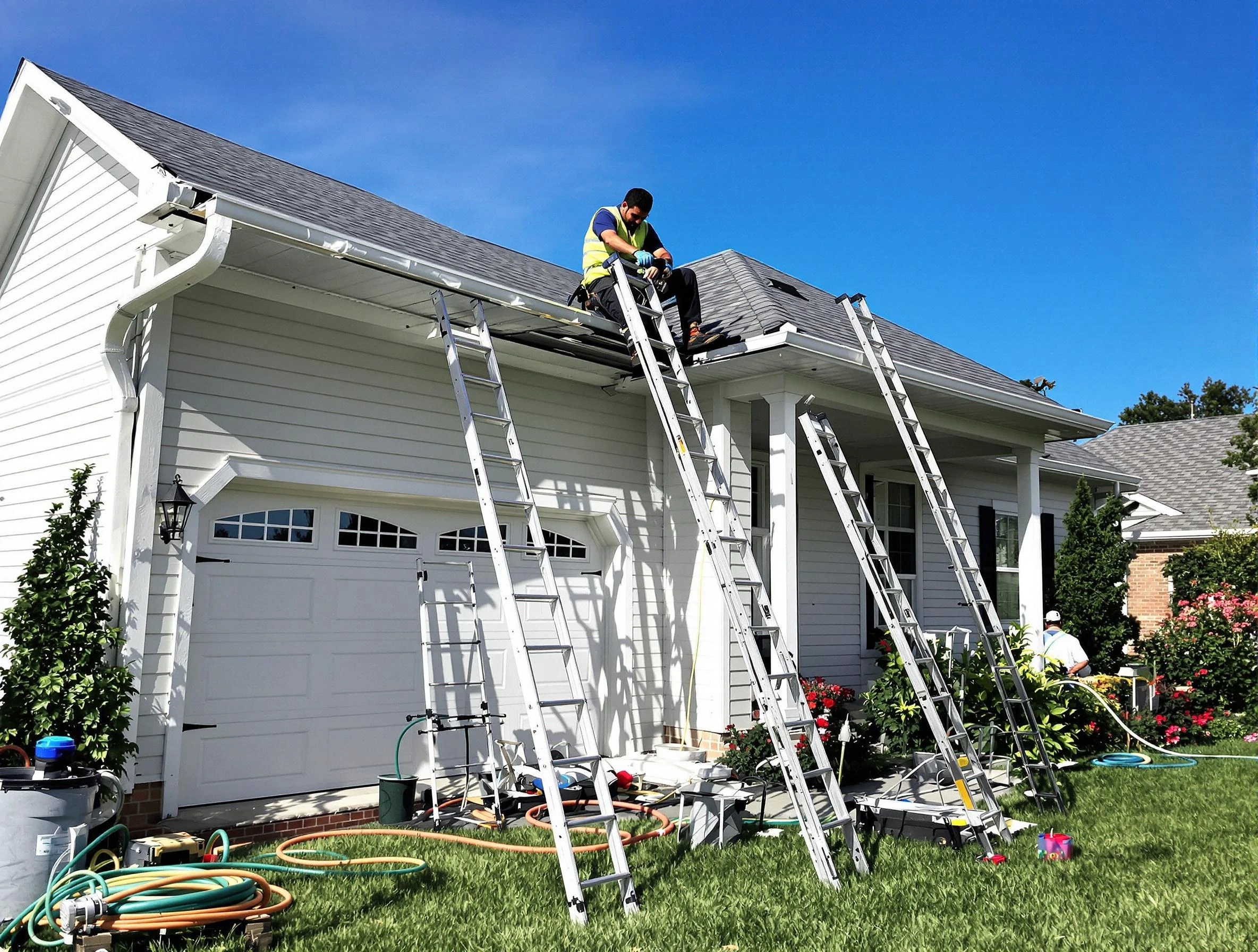 Removal of old gutters by University Heights Roofing Company to install new system in University Heights, OH